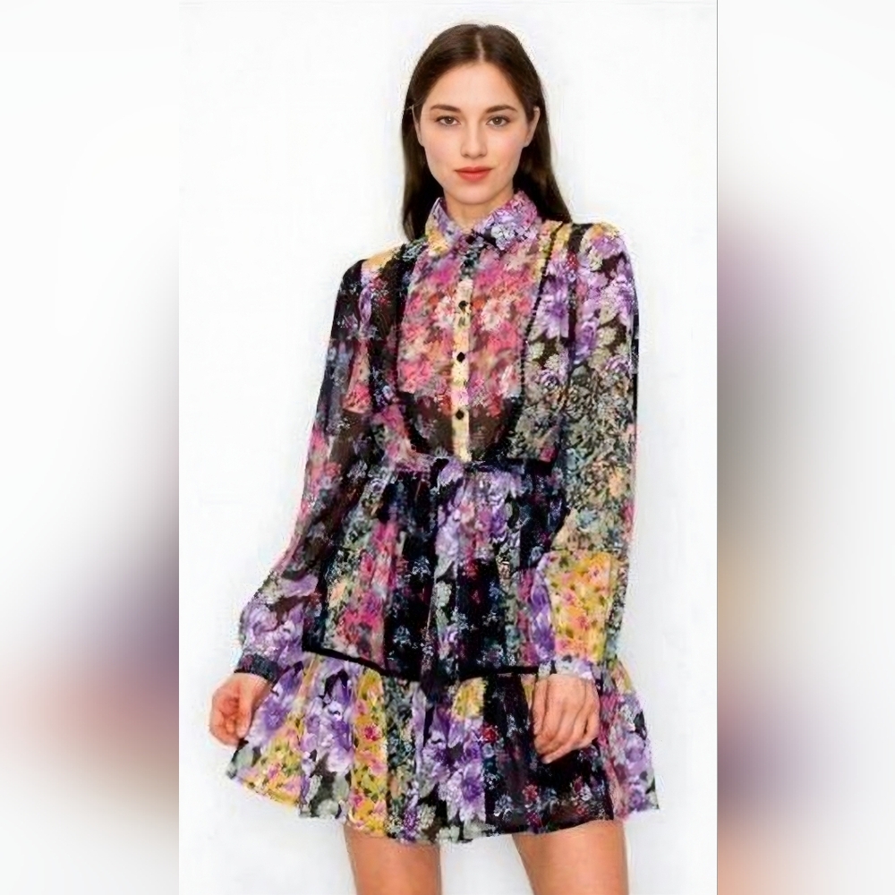 ZARA Floral Patchwork Mini Shirt Dress with Belt - Size Small